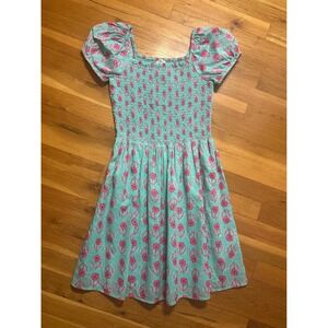 Crewcuts Girls Aqua Pink Floral Smocked Puff Sleeve Dress Size 14 CG285